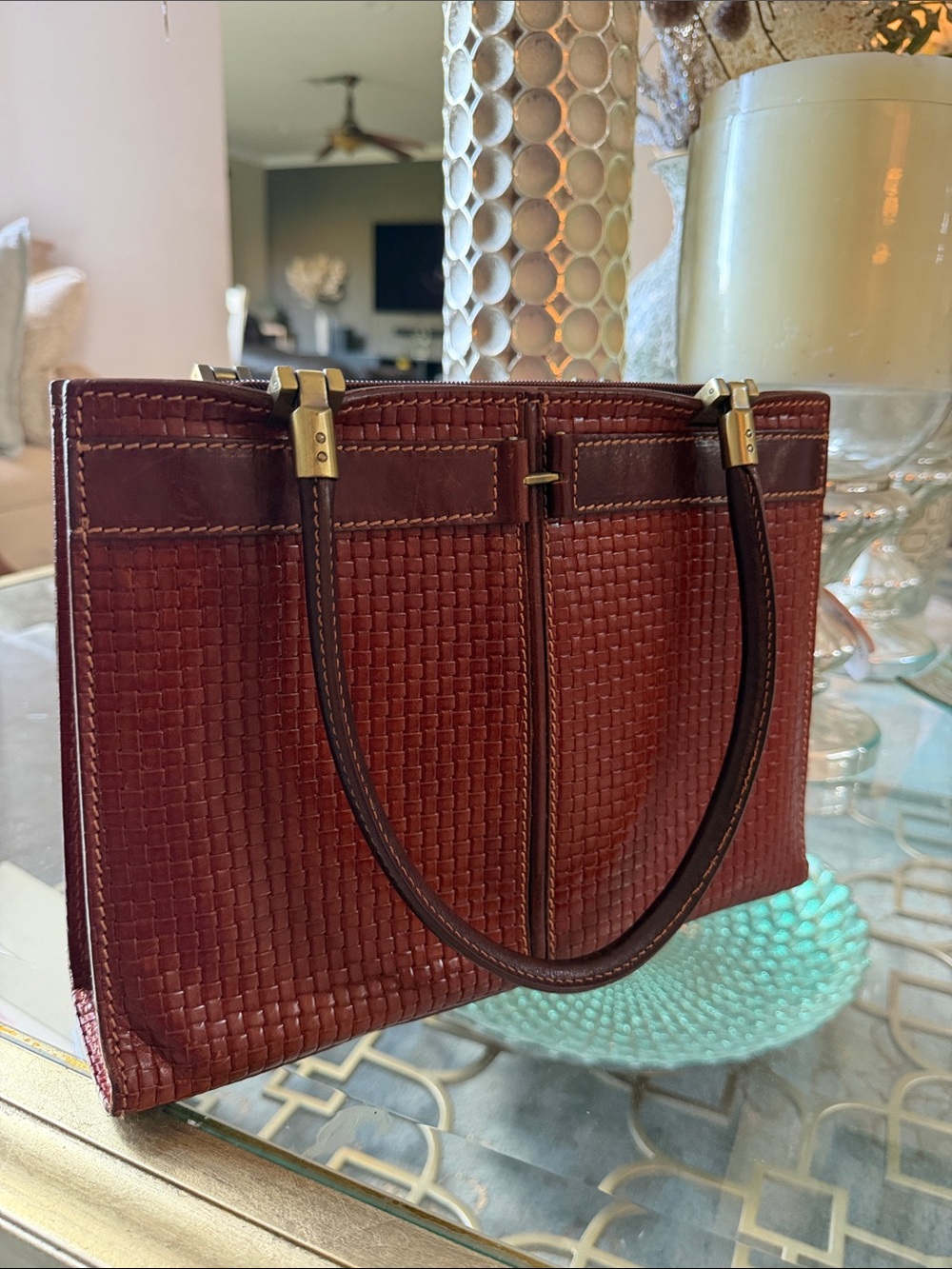Conte di Cavour Vintage Italian Woven Leather Satchel Bag | Vera Pelle Brown - Picture 3 of 13